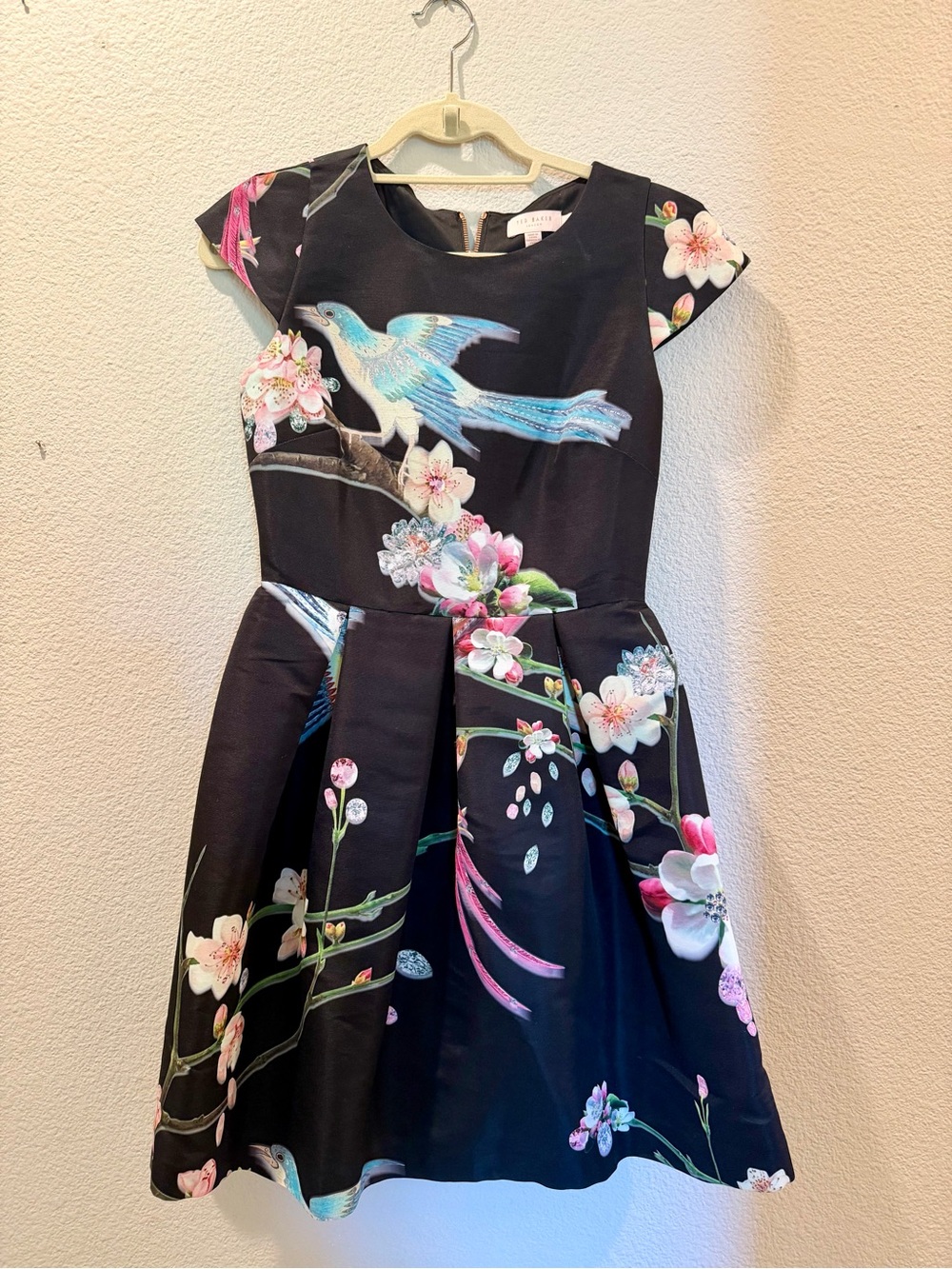 Ted Baker Black Floral & Blue Bird Fit-and-Flare Mini Dress